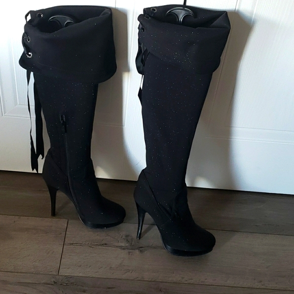 Overknee  sparkling black material boots - Picture 1 of 9